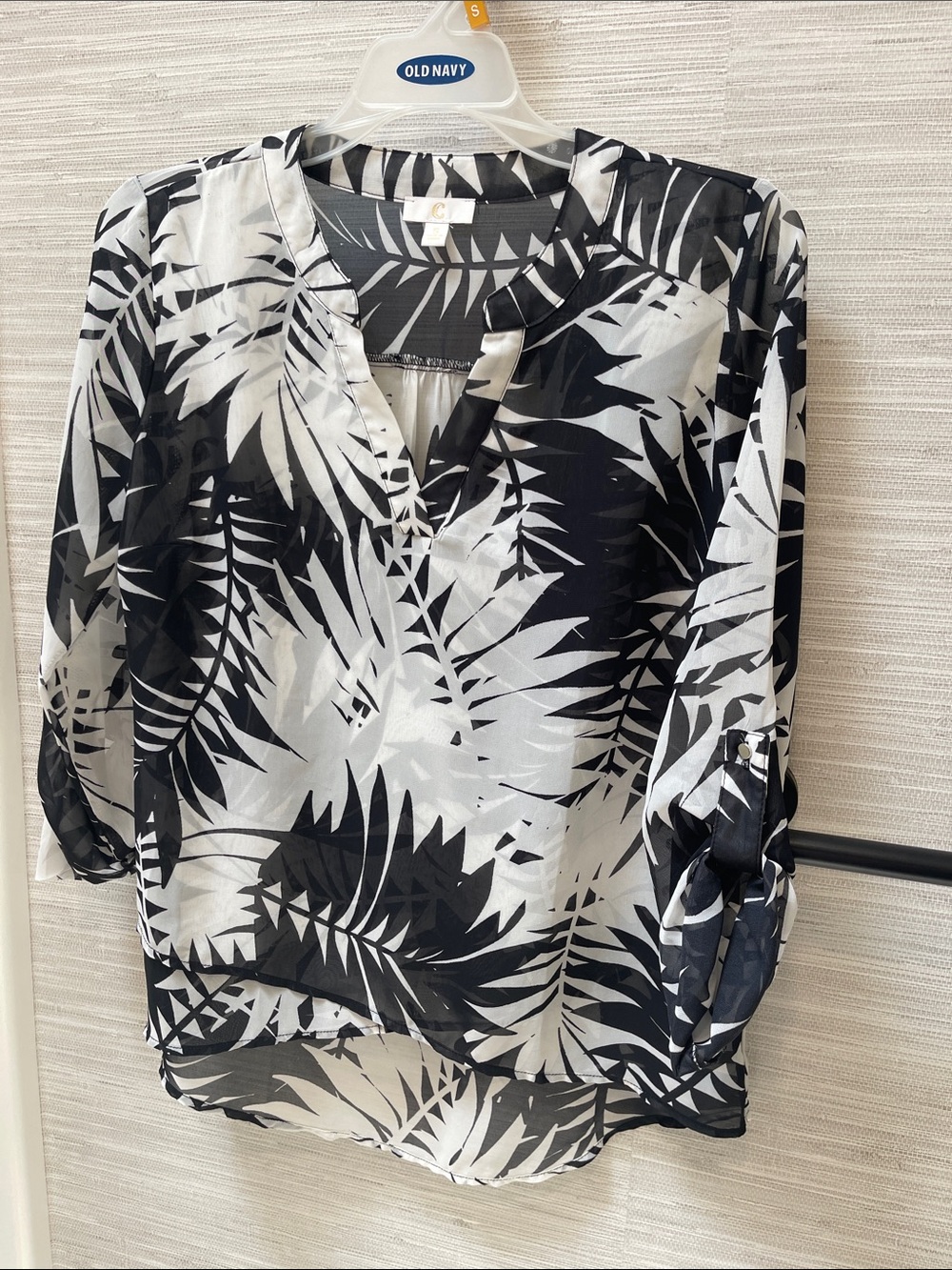 C Crescent Black & White Palm-Leaf Print Top